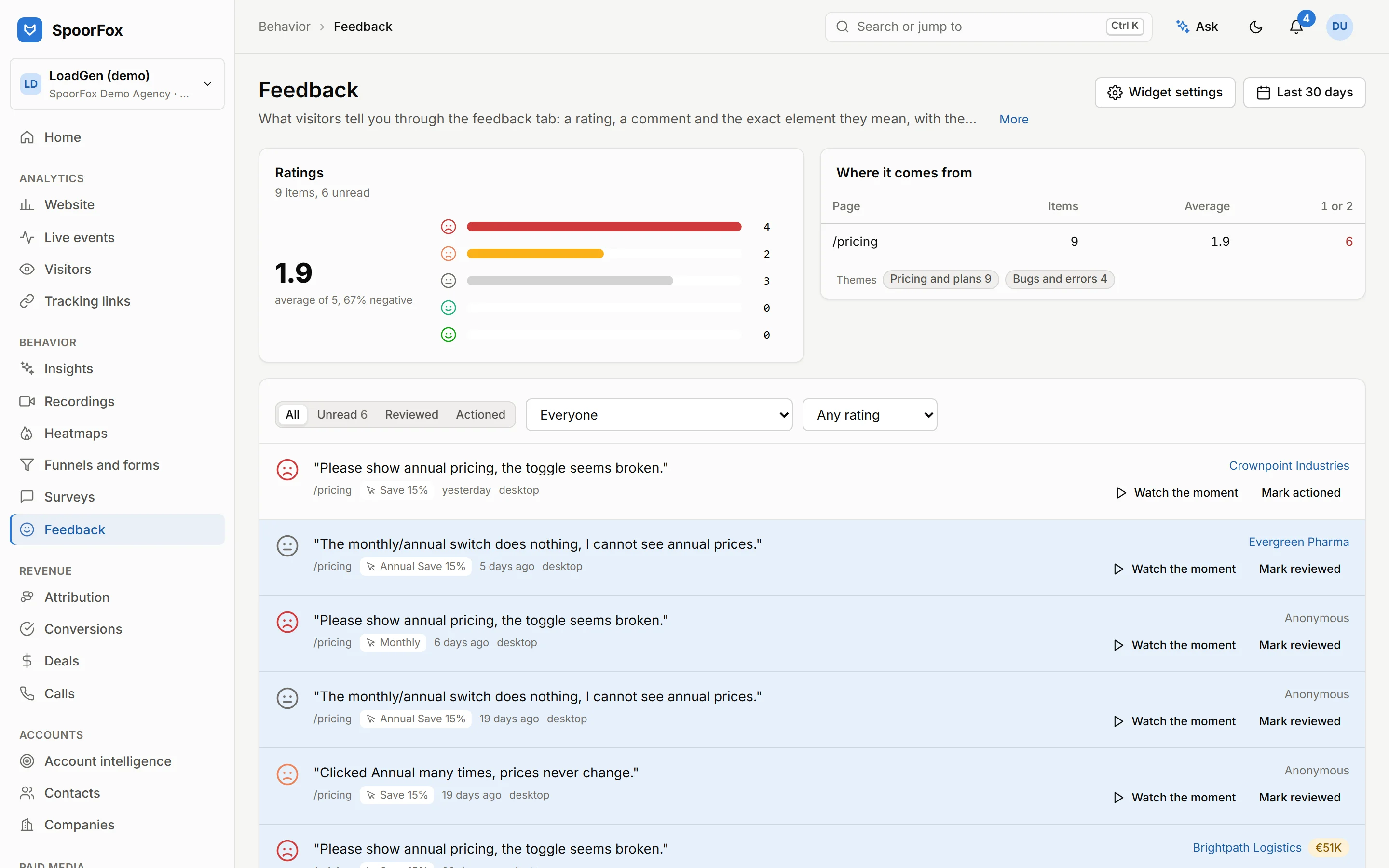 Feedback widget responses