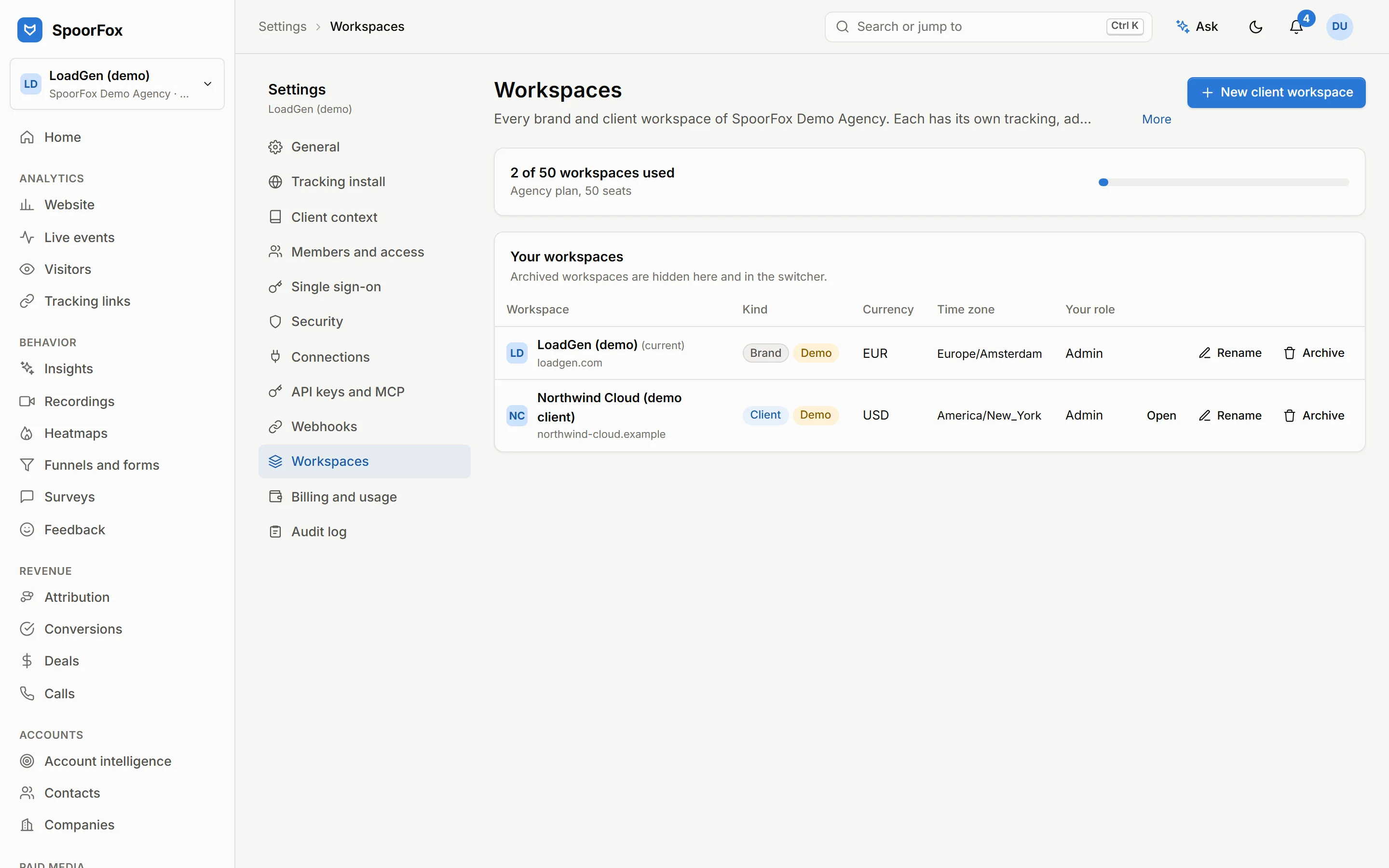 Client workspaces in SpoorFox